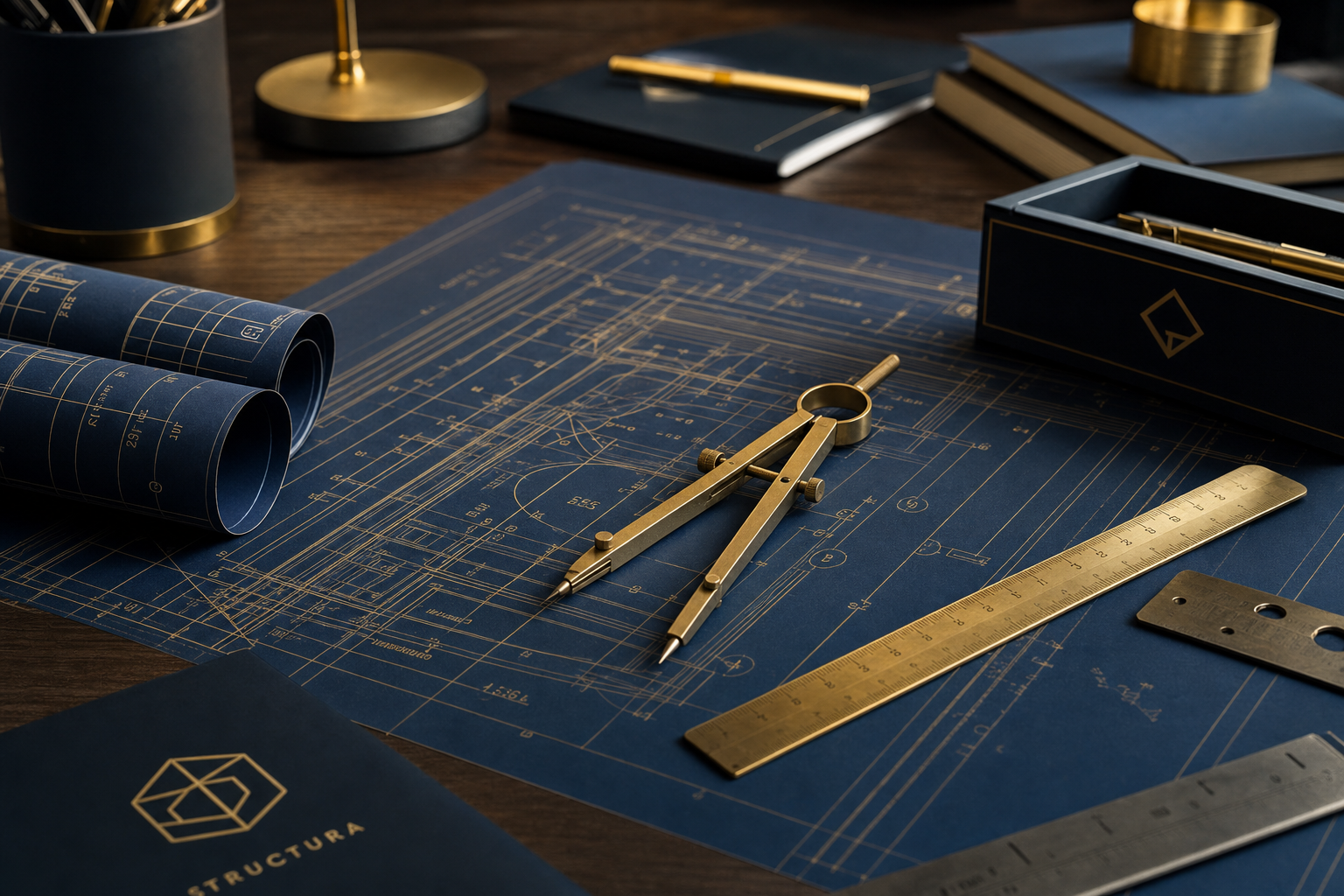 Engineering blueprints and drafting tools